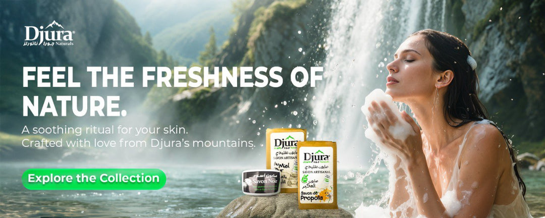 Woman washing her face with water, surrounded by nature, with Djuá products displayed.